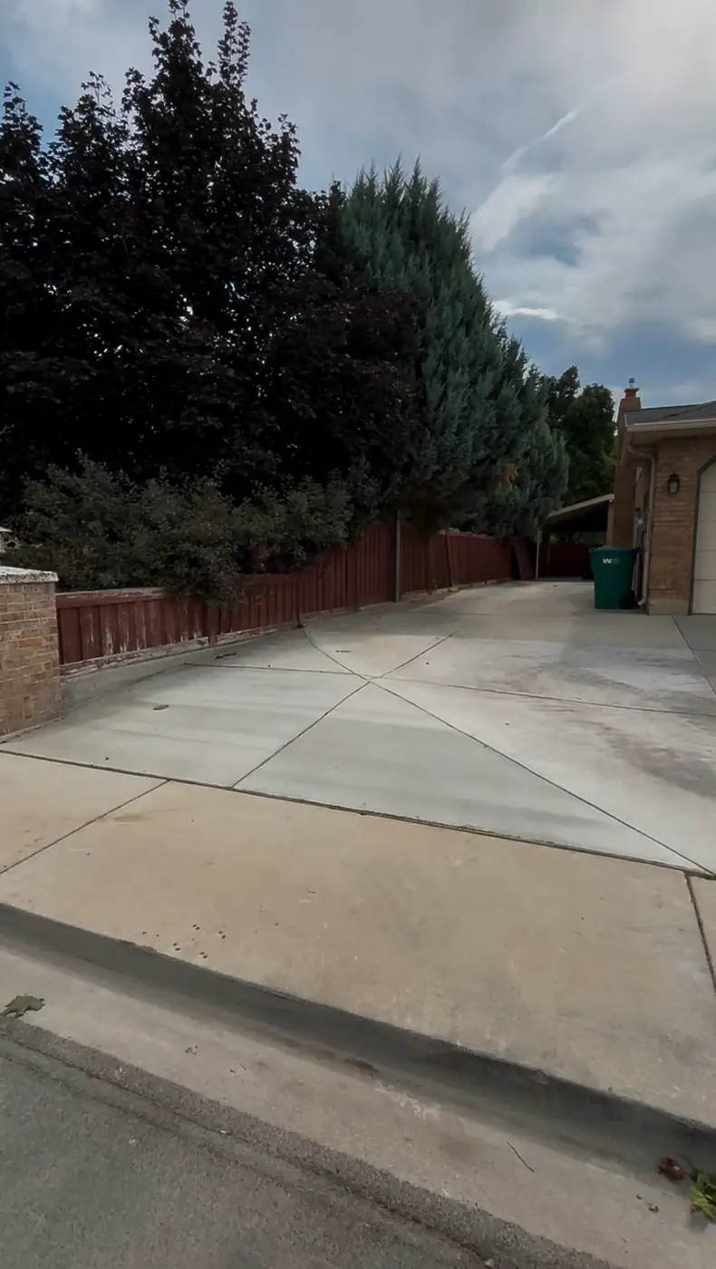 Finished concrete driveway extension along a fence line